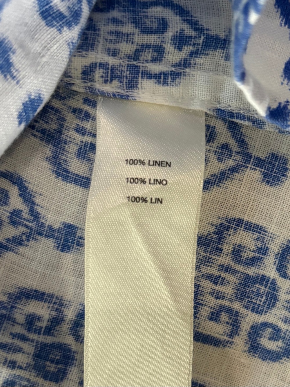 Chico’s 100% Linen No Iron Blue White Ikat Button Front Shirt Tunic Size 2 Large - Picture 6 of 8
